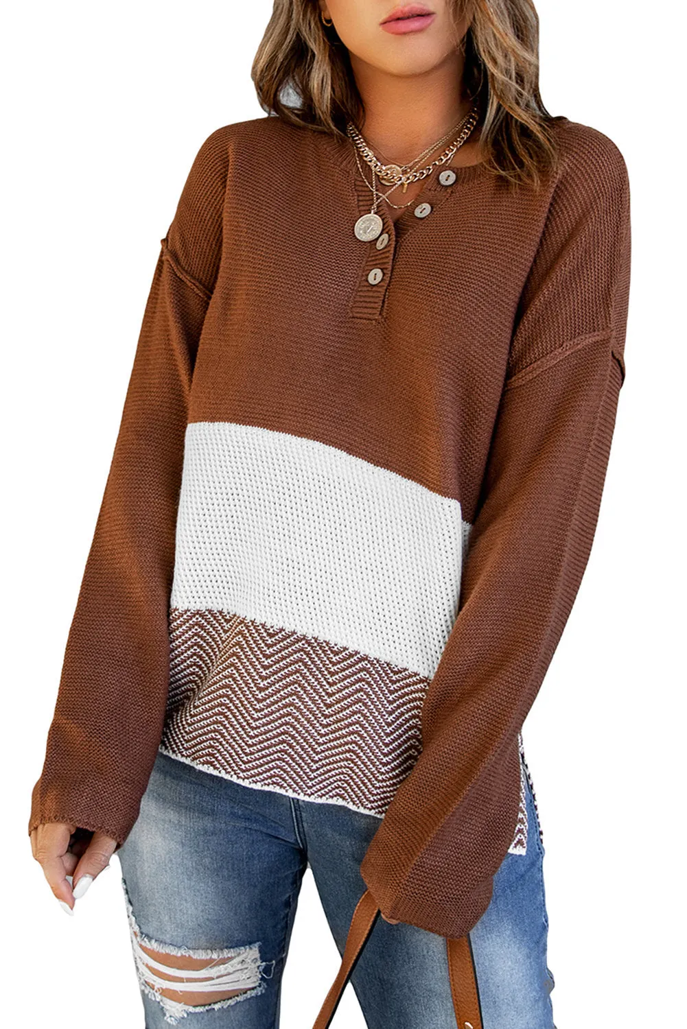 Splicing Buttoned Knitted Long Sleeve Sweater