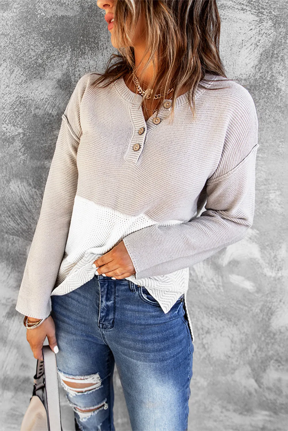Splicing Buttoned Knitted Long Sleeve Sweater