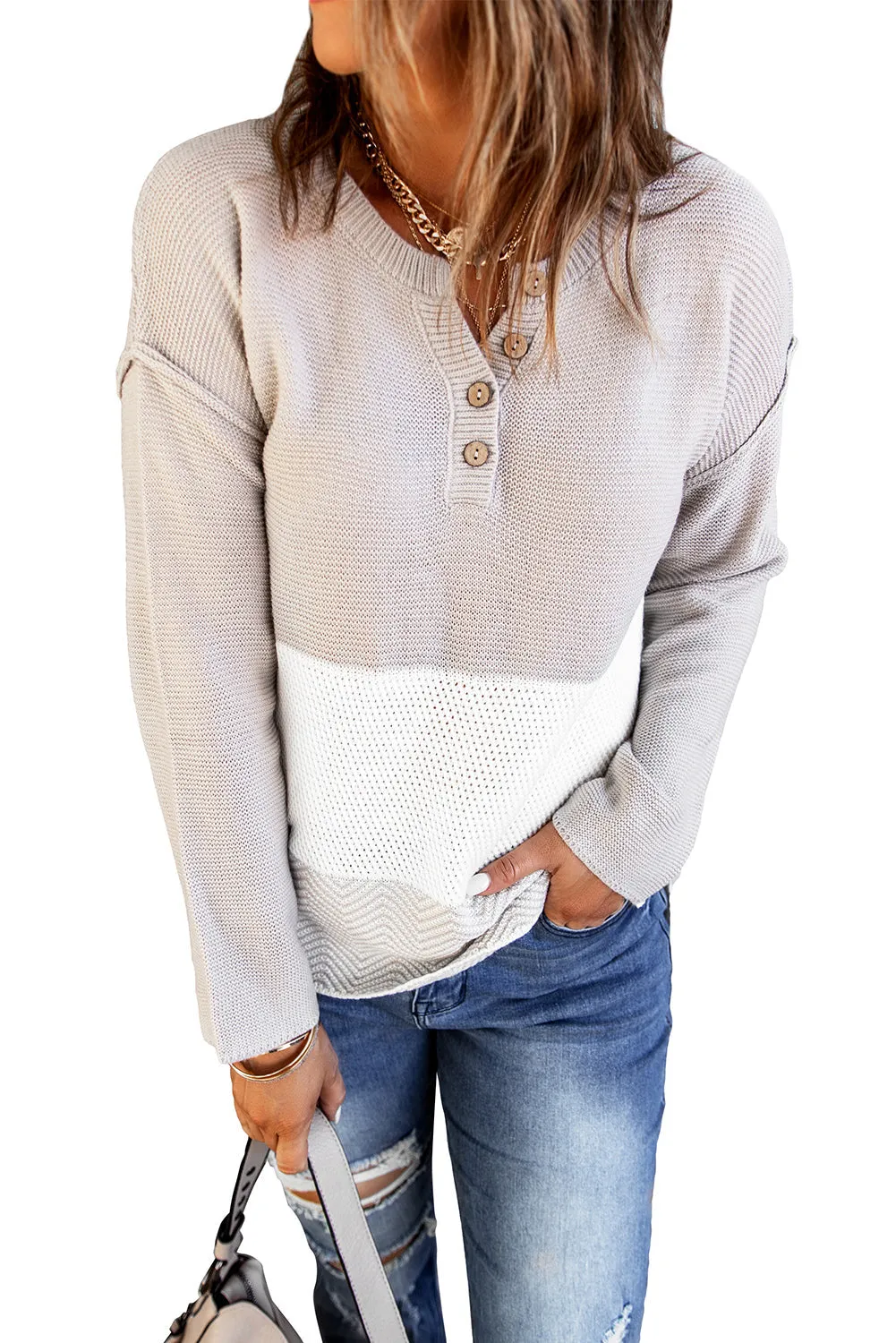 Splicing Buttoned Knitted Long Sleeve Sweater