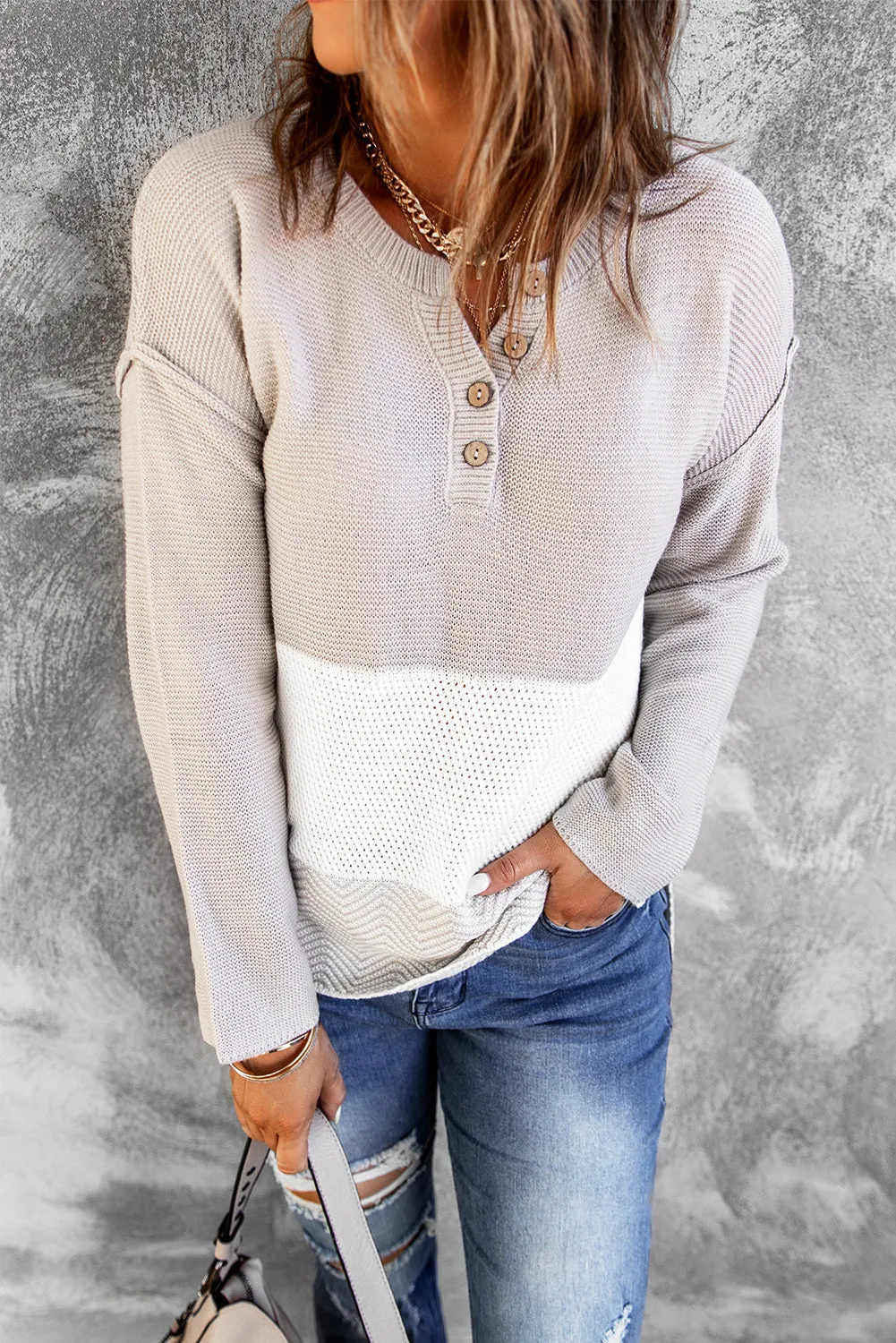 Splicing Buttoned Knitted Long Sleeve Sweater