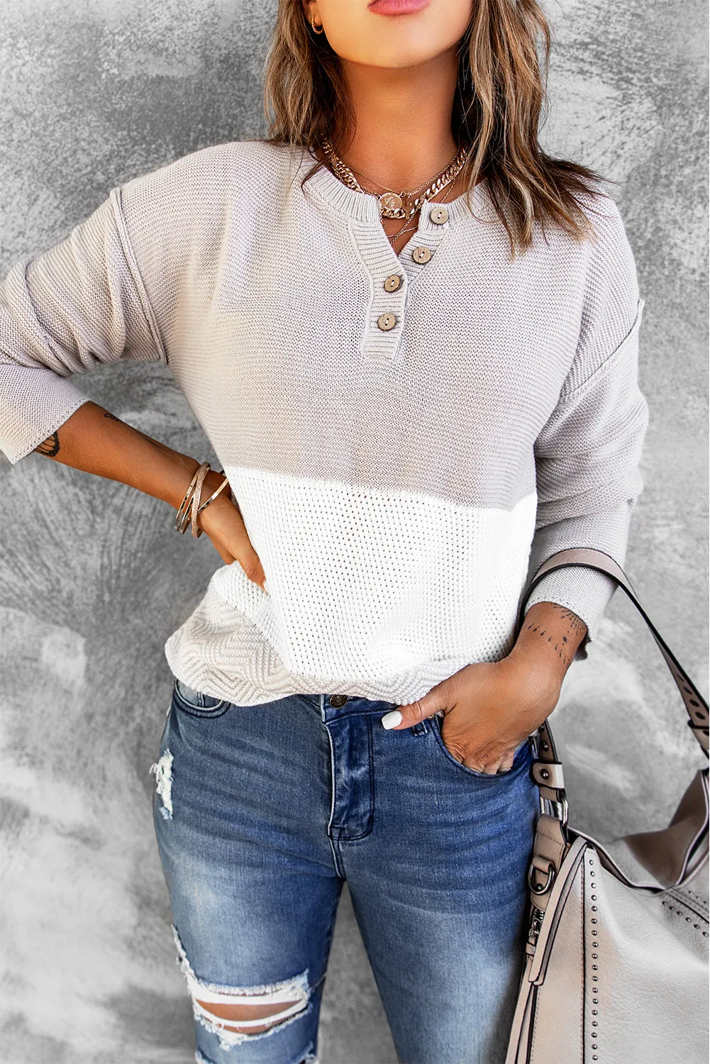 Splicing Buttoned Knitted Long Sleeve Sweater