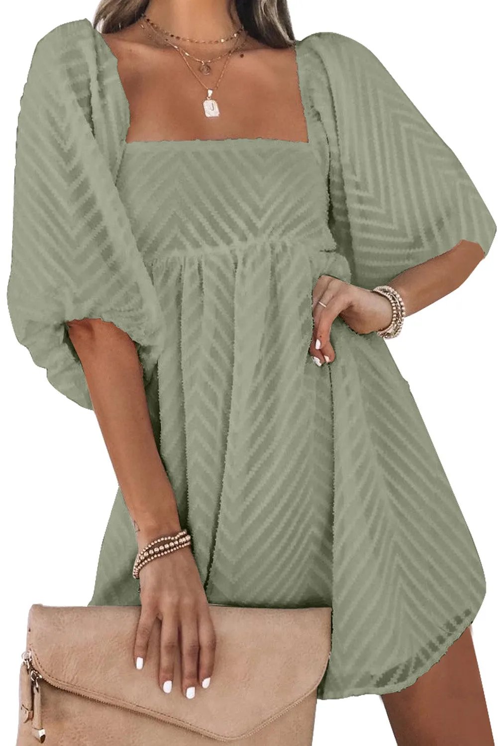 Square Neck Puff Sleeve Babydoll Mini Dress