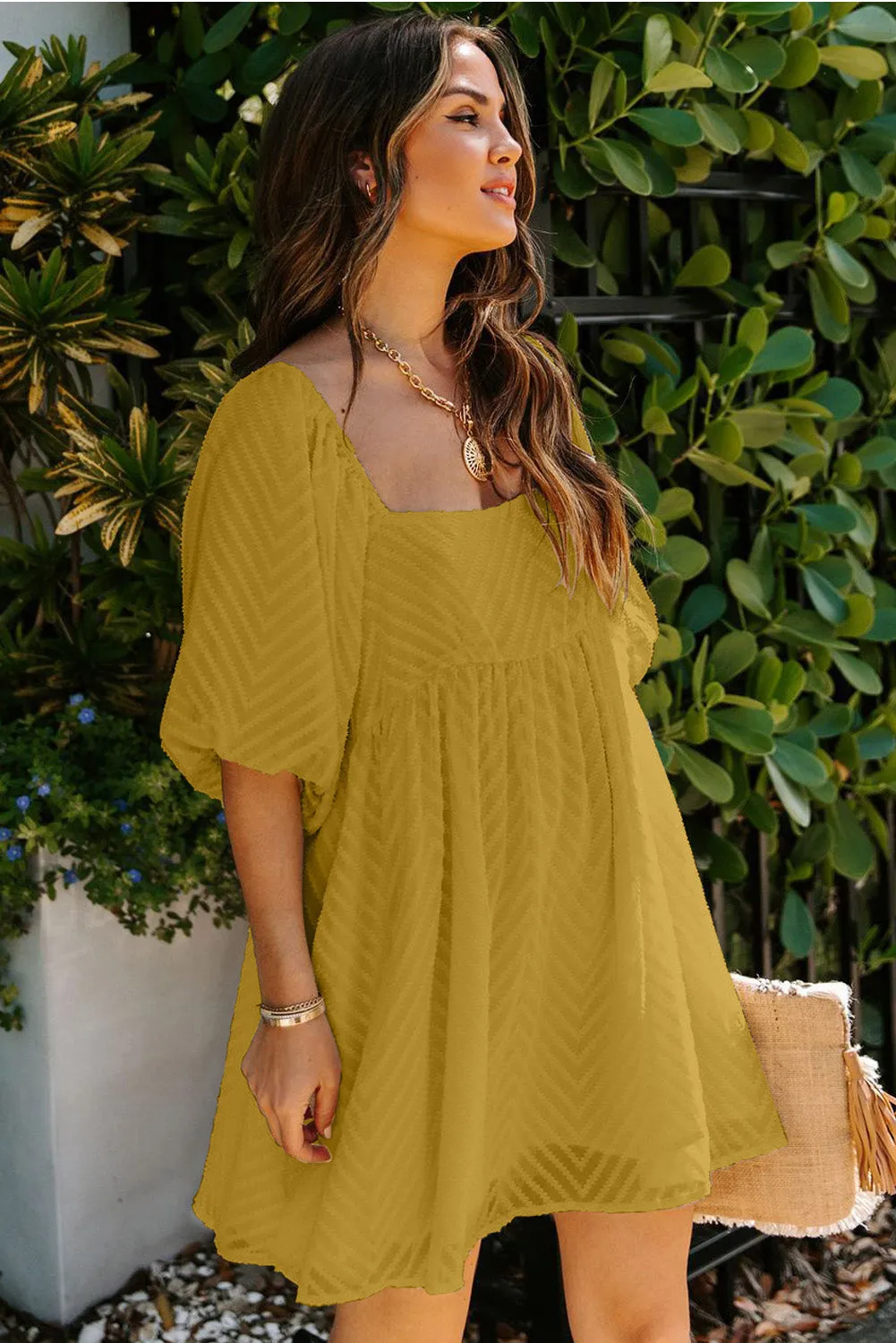 Square Neck Puff Sleeve Babydoll Mini Dress