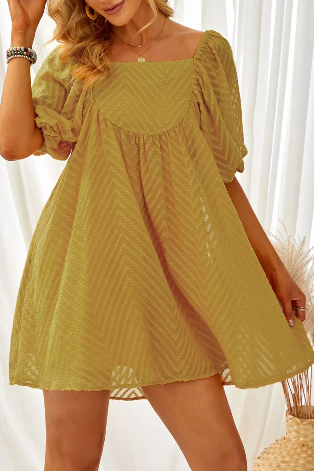 Square Neck Puff Sleeve Babydoll Mini Dress