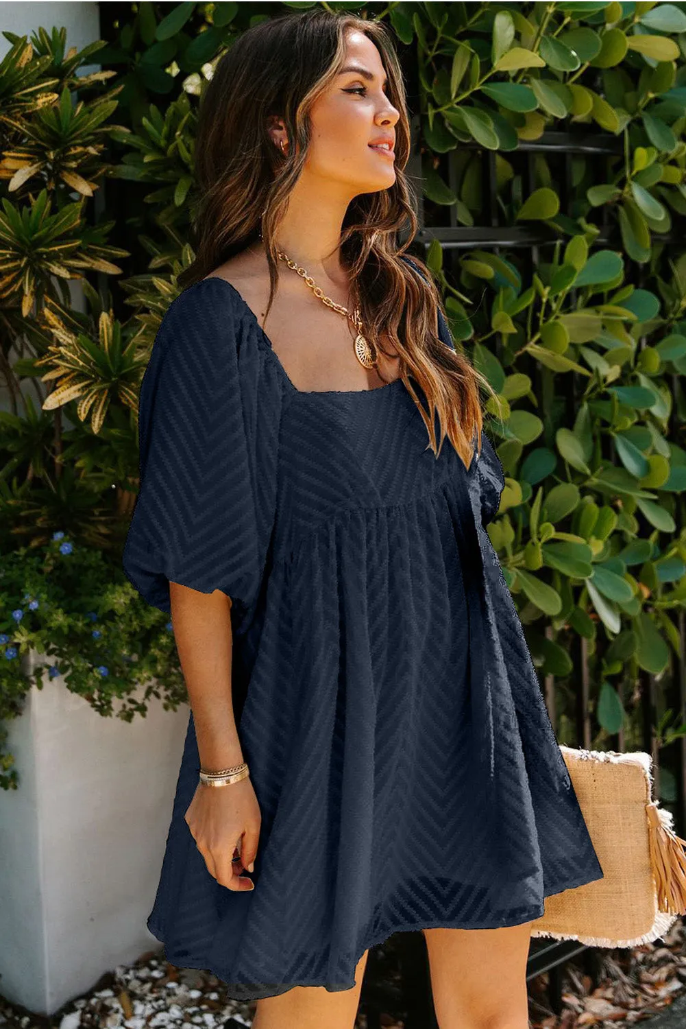 Square Neck Puff Sleeve Babydoll Mini Dress