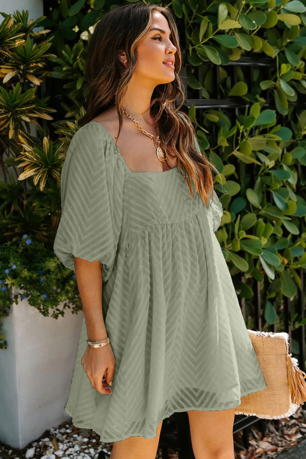 Square Neck Puff Sleeve Babydoll Mini Dress