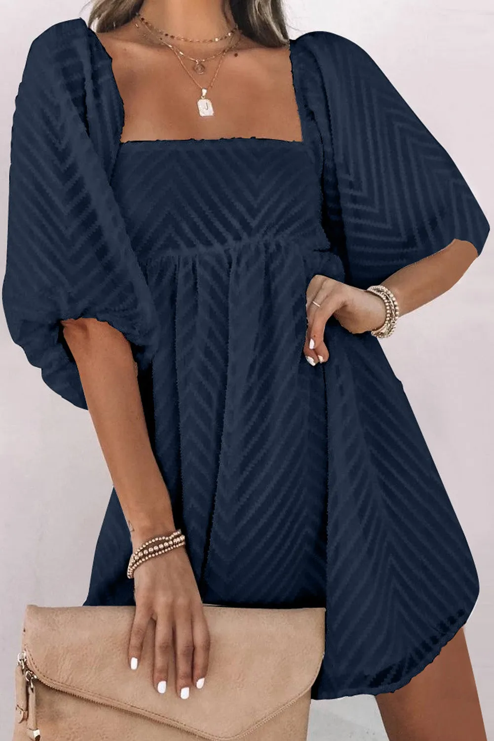 Square Neck Puff Sleeve Babydoll Mini Dress