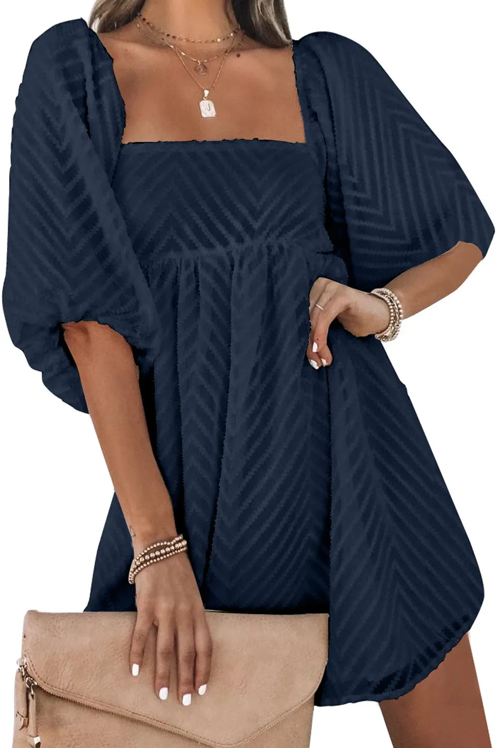 Square Neck Puff Sleeve Babydoll Mini Dress