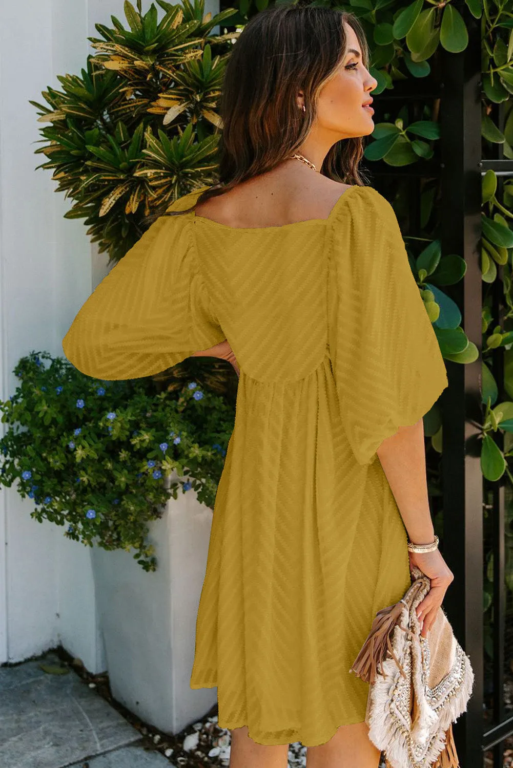 Square Neck Puff Sleeve Babydoll Mini Dress