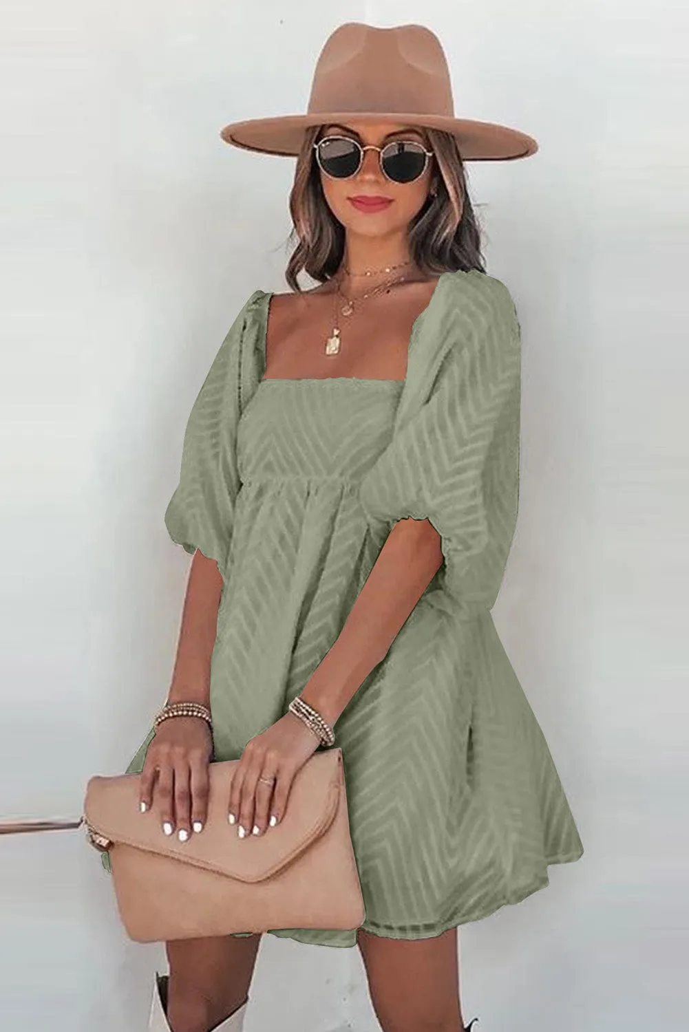 Square Neck Puff Sleeve Babydoll Mini Dress