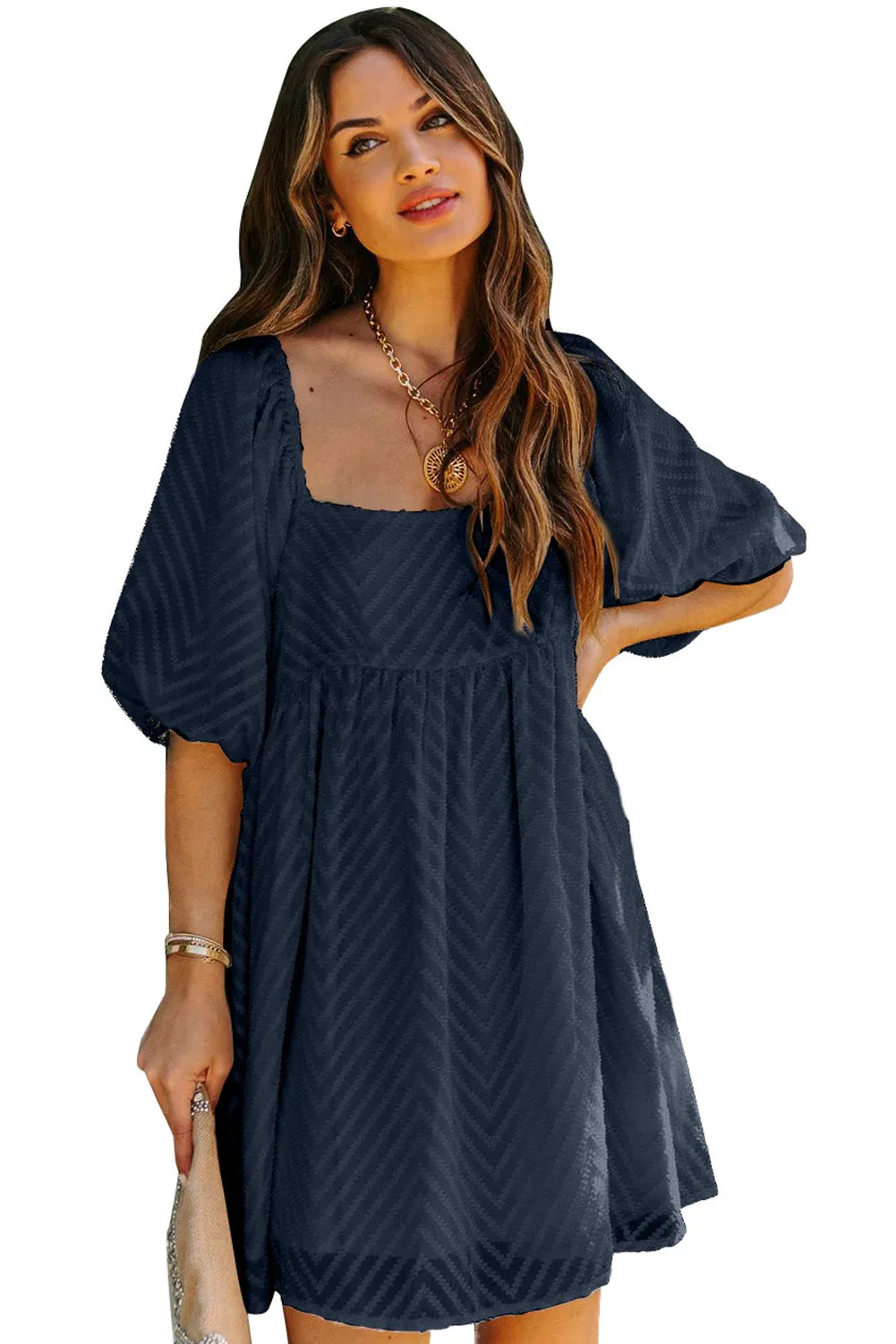 Square Neck Puff Sleeve Babydoll Mini Dress