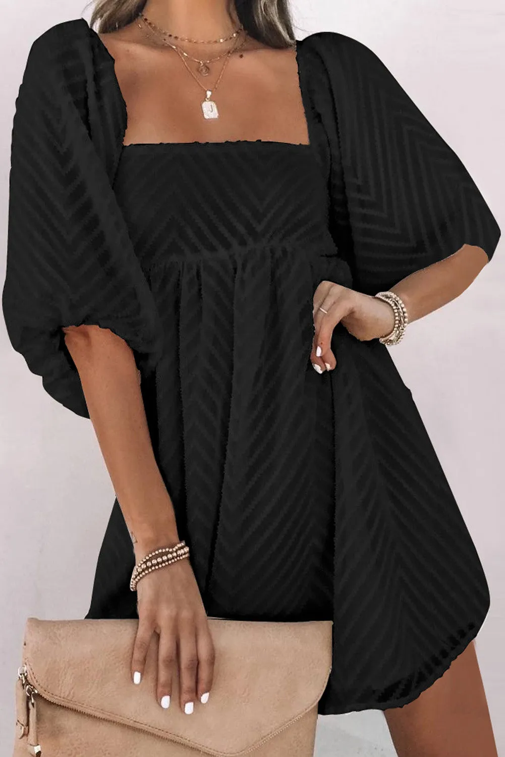 Square Neck Puff Sleeve Babydoll Mini Dress
