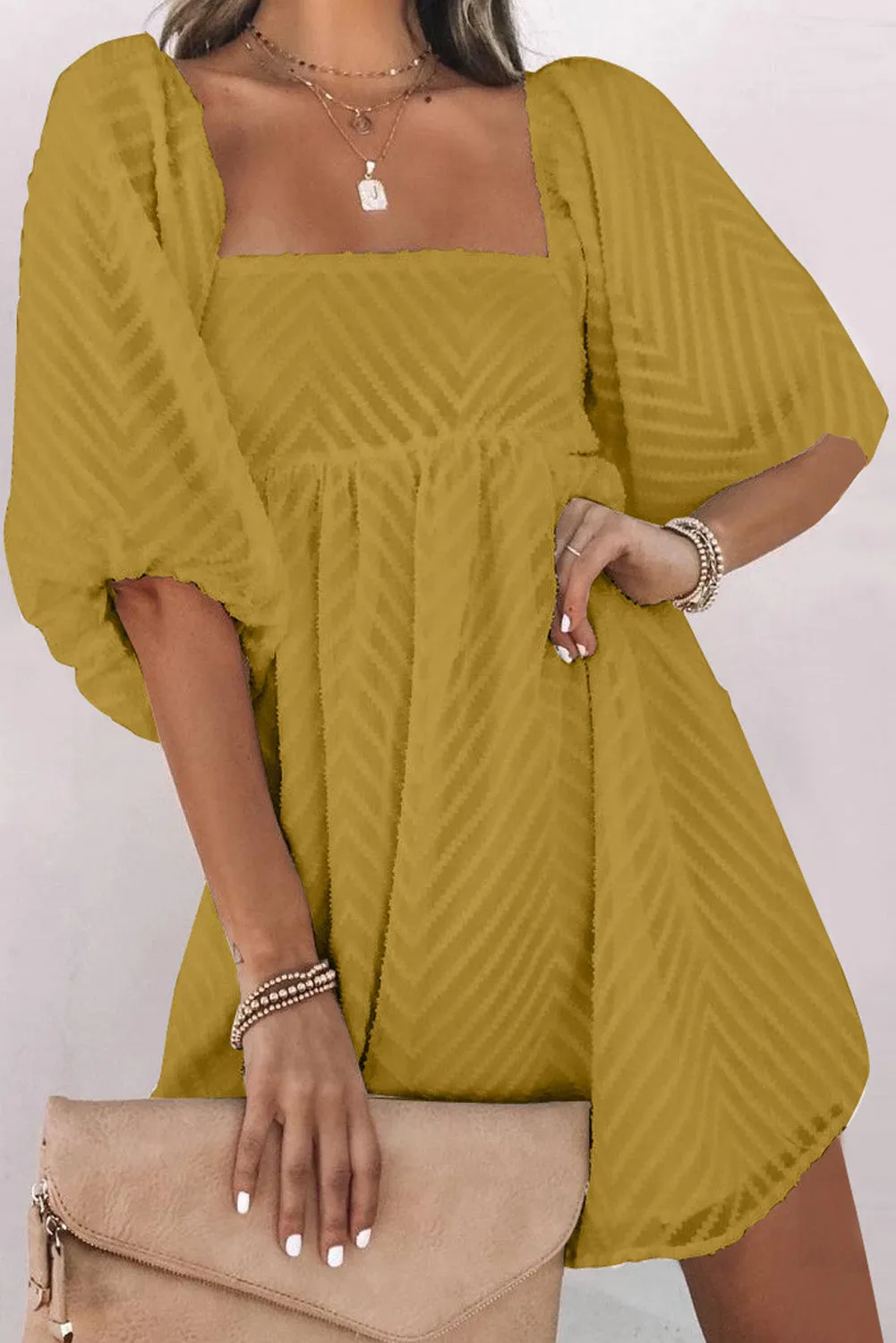 Square Neck Puff Sleeve Babydoll Mini Dress