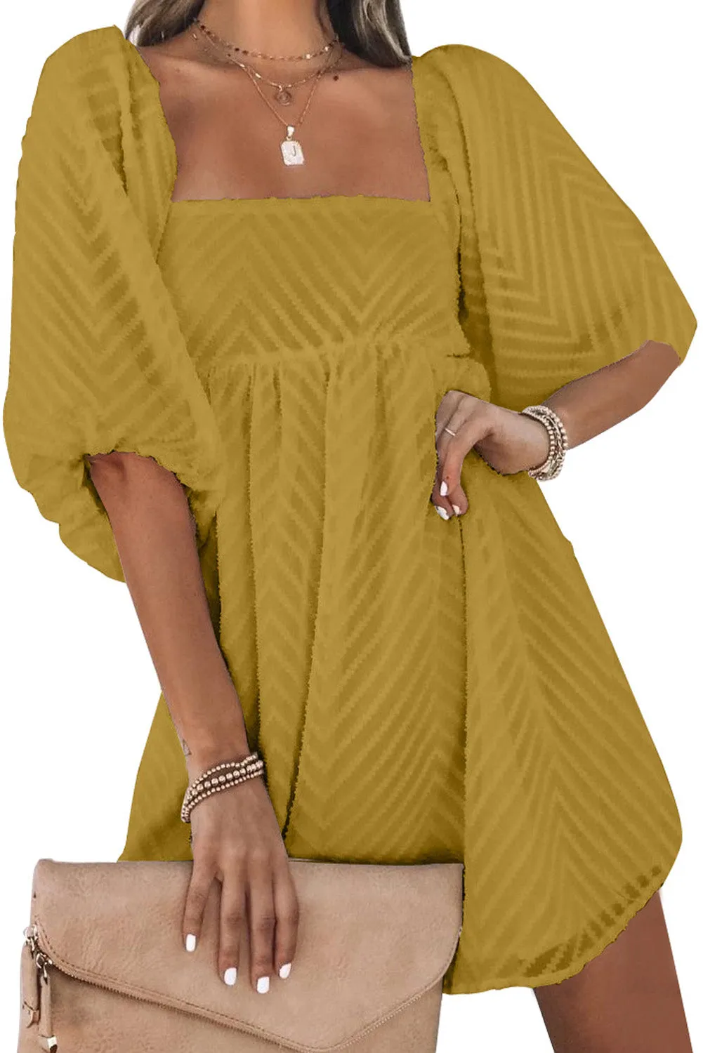 Square Neck Puff Sleeve Babydoll Mini Dress