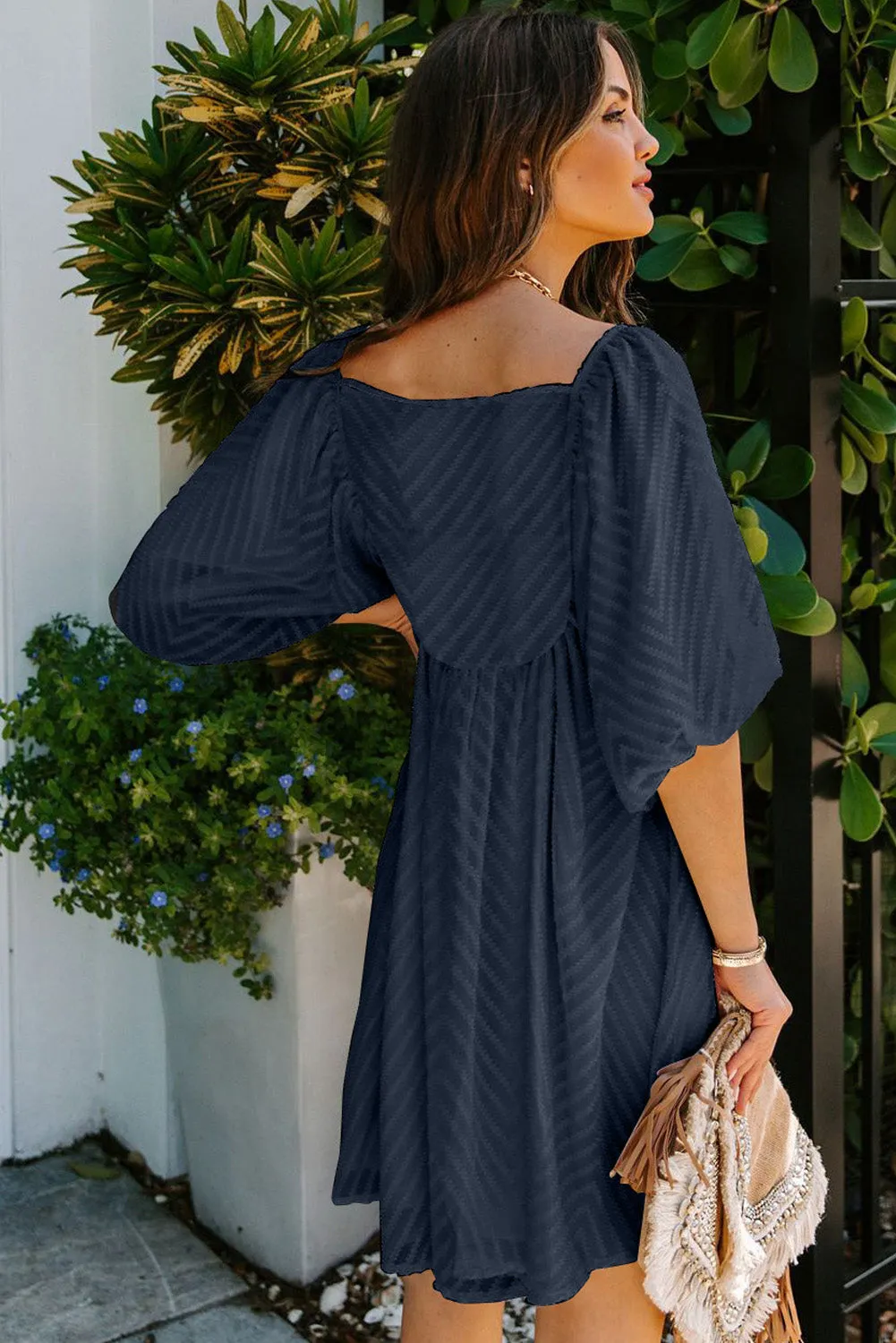 Square Neck Puff Sleeve Babydoll Mini Dress