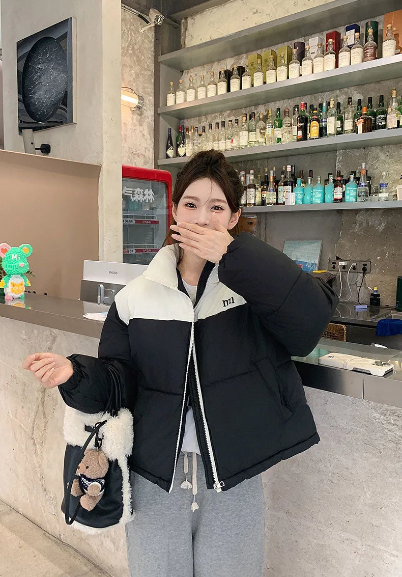 Stylish Patchwork Zip-up Puffer Jacket for Women's Outdoor Adventures