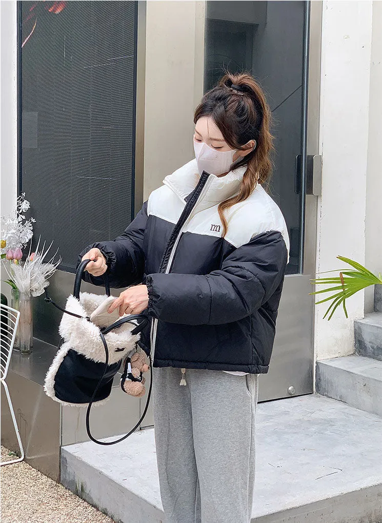 Stylish Patchwork Zip-up Puffer Jacket for Women's Outdoor Adventures