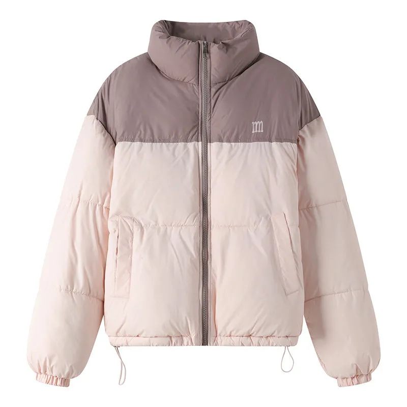 Stylish Patchwork Zip-up Puffer Jacket for Women's Outdoor Adventures