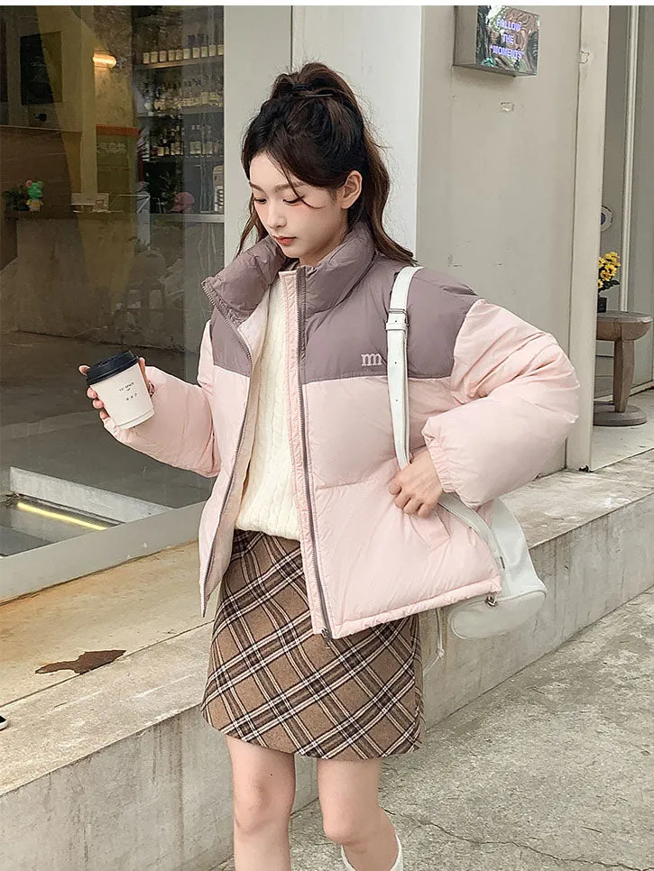 Stylish Patchwork Zip-up Puffer Jacket for Women's Outdoor Adventures