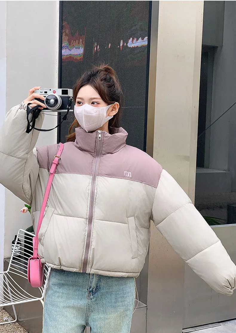 Stylish Patchwork Zip-up Puffer Jacket for Women's Outdoor Adventures