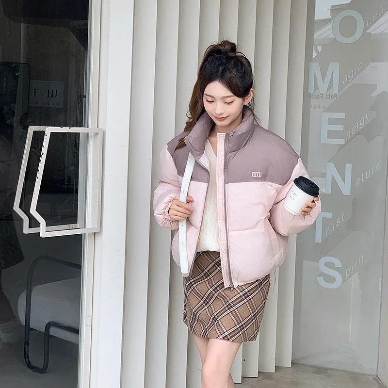Stylish Patchwork Zip-up Puffer Jacket for Women's Outdoor Adventures