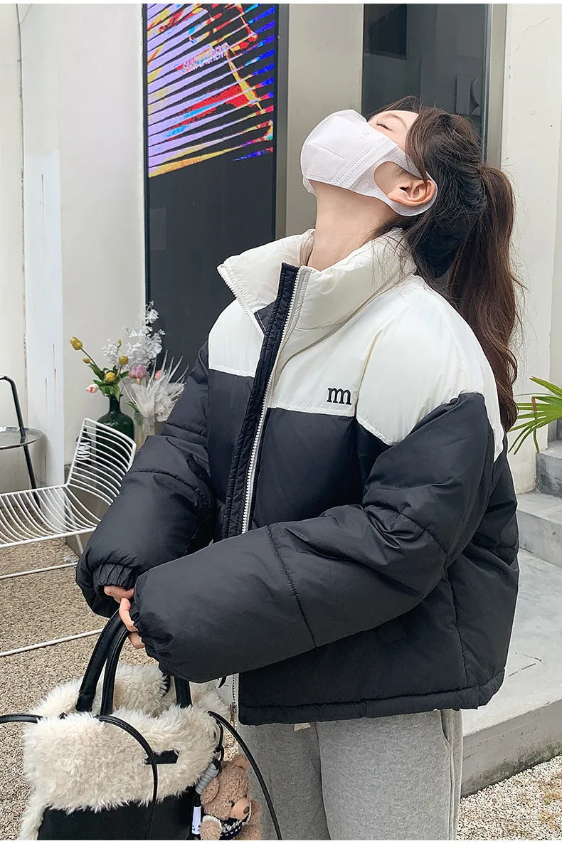 Stylish Patchwork Zip-up Puffer Jacket for Women's Outdoor Adventures