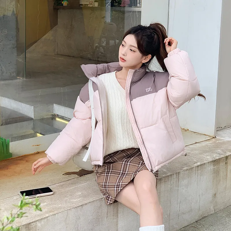 Stylish Patchwork Zip-up Puffer Jacket for Women's Outdoor Adventures
