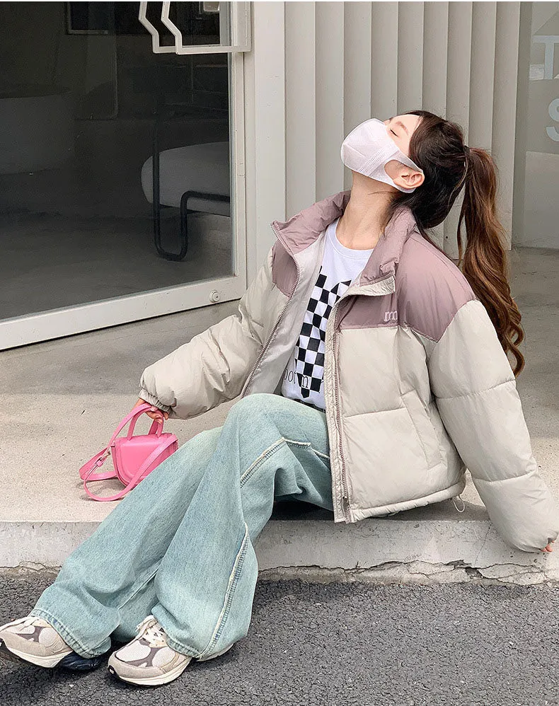 Stylish Patchwork Zip-up Puffer Jacket for Women's Outdoor Adventures