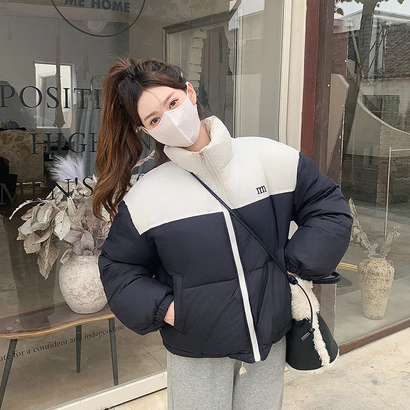 Stylish Patchwork Zip-up Puffer Jacket for Women's Outdoor Adventures