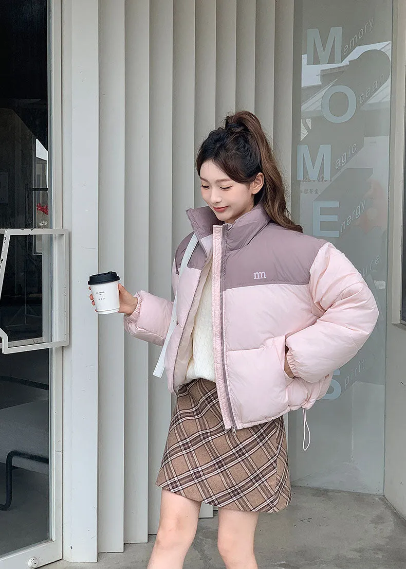 Stylish Patchwork Zip-up Puffer Jacket for Women's Outdoor Adventures