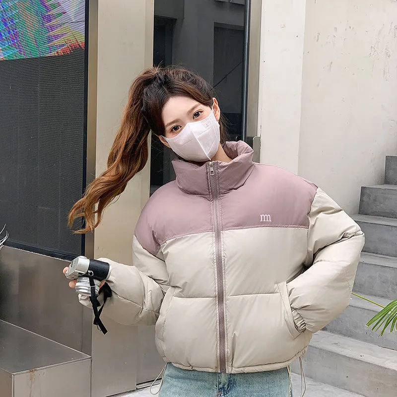 Stylish Patchwork Zip-up Puffer Jacket for Women's Outdoor Adventures