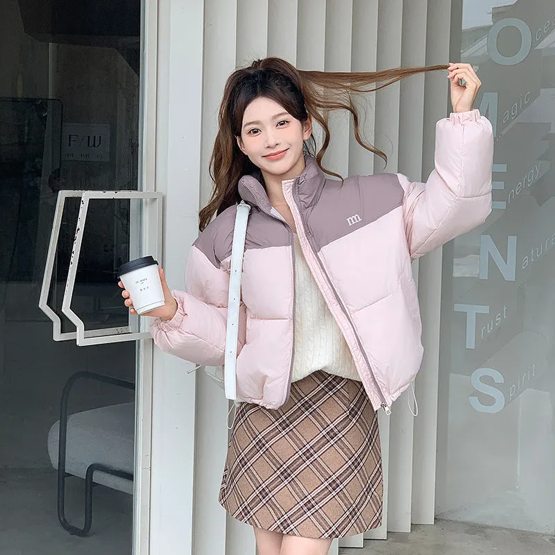 Stylish Patchwork Zip-up Puffer Jacket for Women's Outdoor Adventures