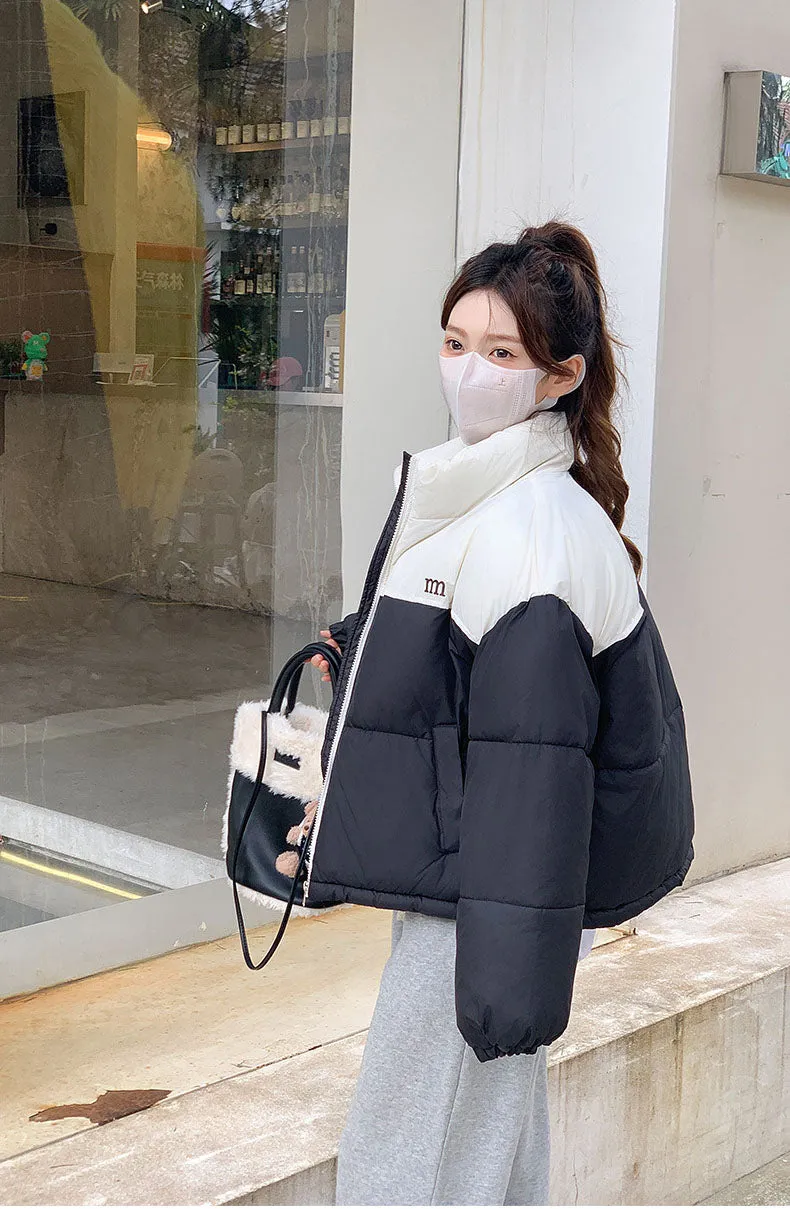 Stylish Patchwork Zip-up Puffer Jacket for Women's Outdoor Adventures