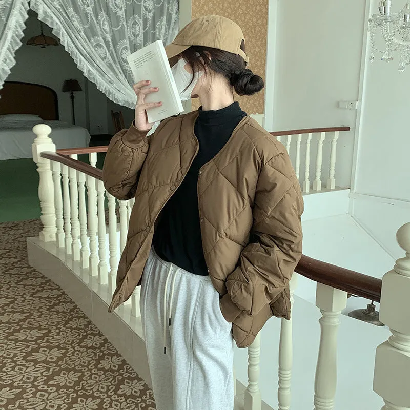 Stylish Plain Cropped Puffer Jacket for Women with Elastic Cuffs