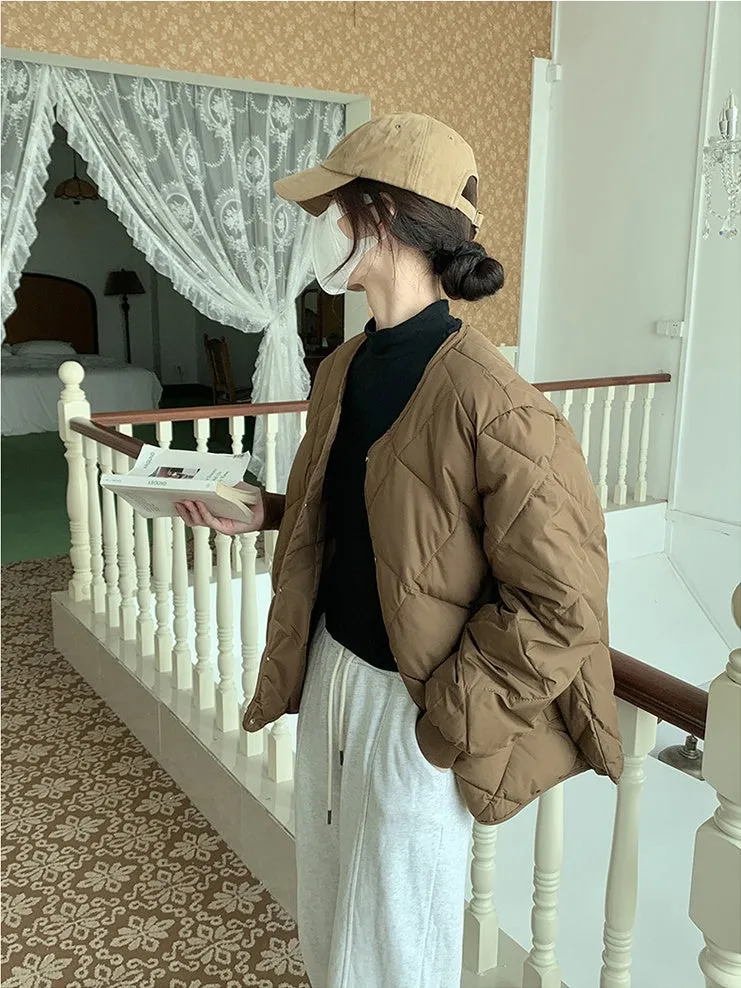 Stylish Plain Cropped Puffer Jacket for Women with Elastic Cuffs