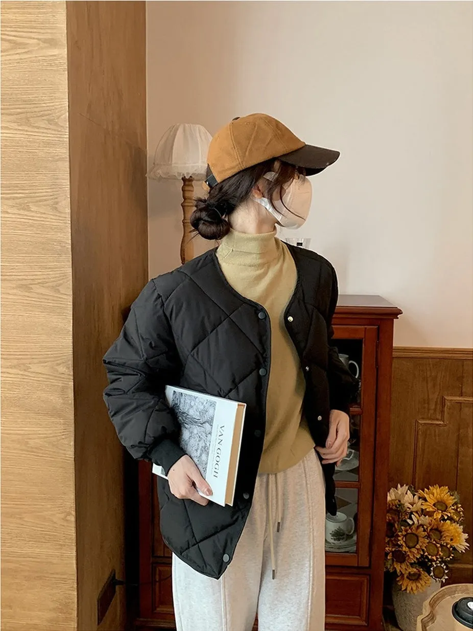 Stylish Plain Cropped Puffer Jacket for Women with Elastic Cuffs