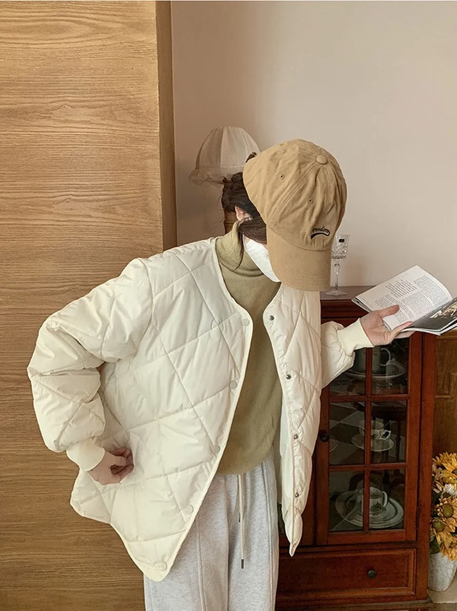 Stylish Plain Cropped Puffer Jacket for Women with Elastic Cuffs