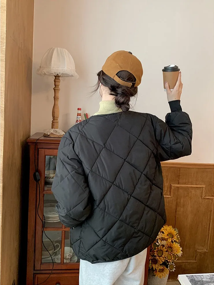 Stylish Plain Cropped Puffer Jacket for Women with Elastic Cuffs