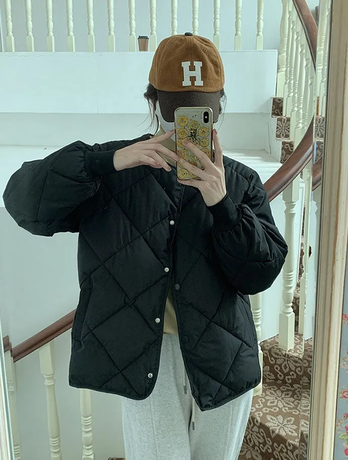 Stylish Plain Cropped Puffer Jacket for Women with Elastic Cuffs