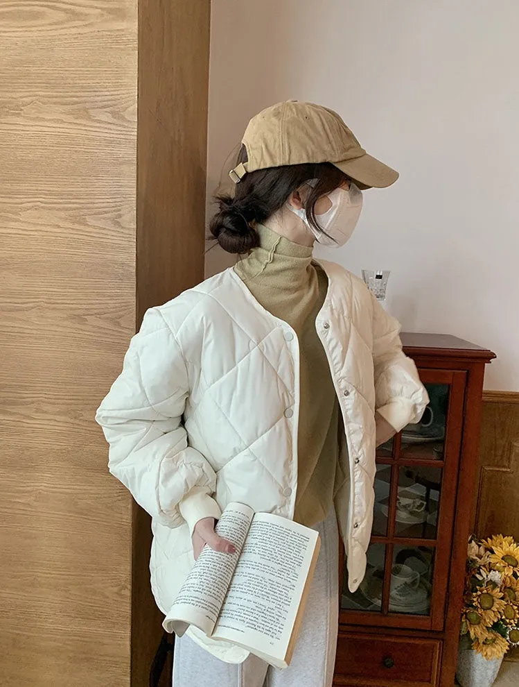 Stylish Plain Cropped Puffer Jacket for Women with Elastic Cuffs