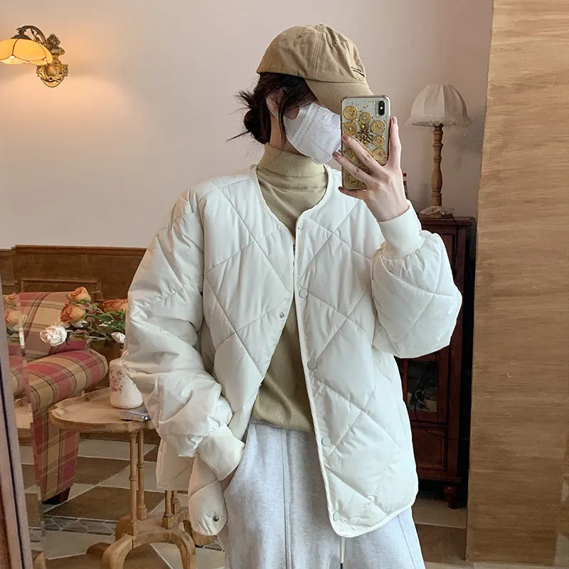 Stylish Plain Cropped Puffer Jacket for Women with Elastic Cuffs