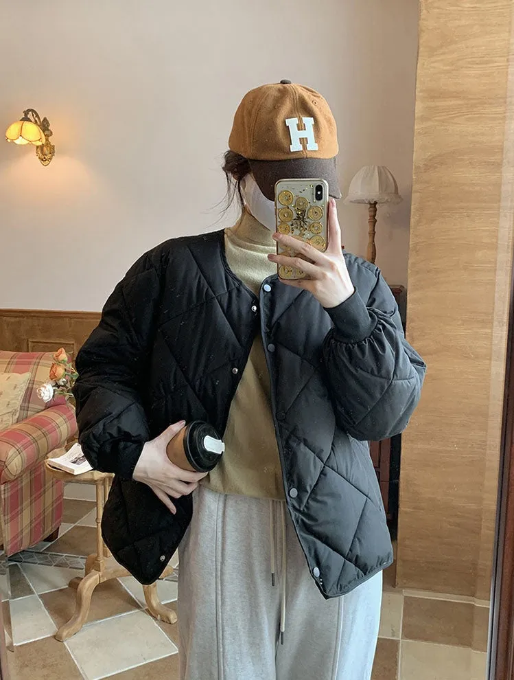 Stylish Plain Cropped Puffer Jacket for Women with Elastic Cuffs