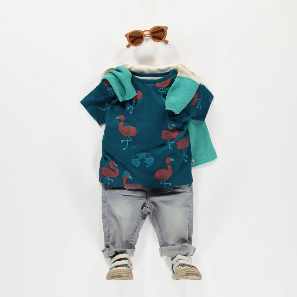 T-shirt turquoise à motifs, bébé || Turquoise patterned T-shirt, baby