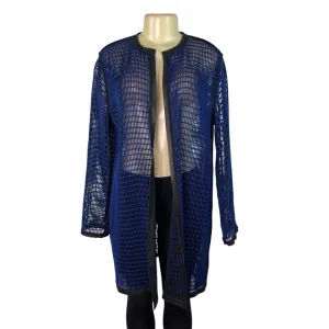 Tahari Open Front Mesh Cover-Up Blue Jacket With Black Trim Size L