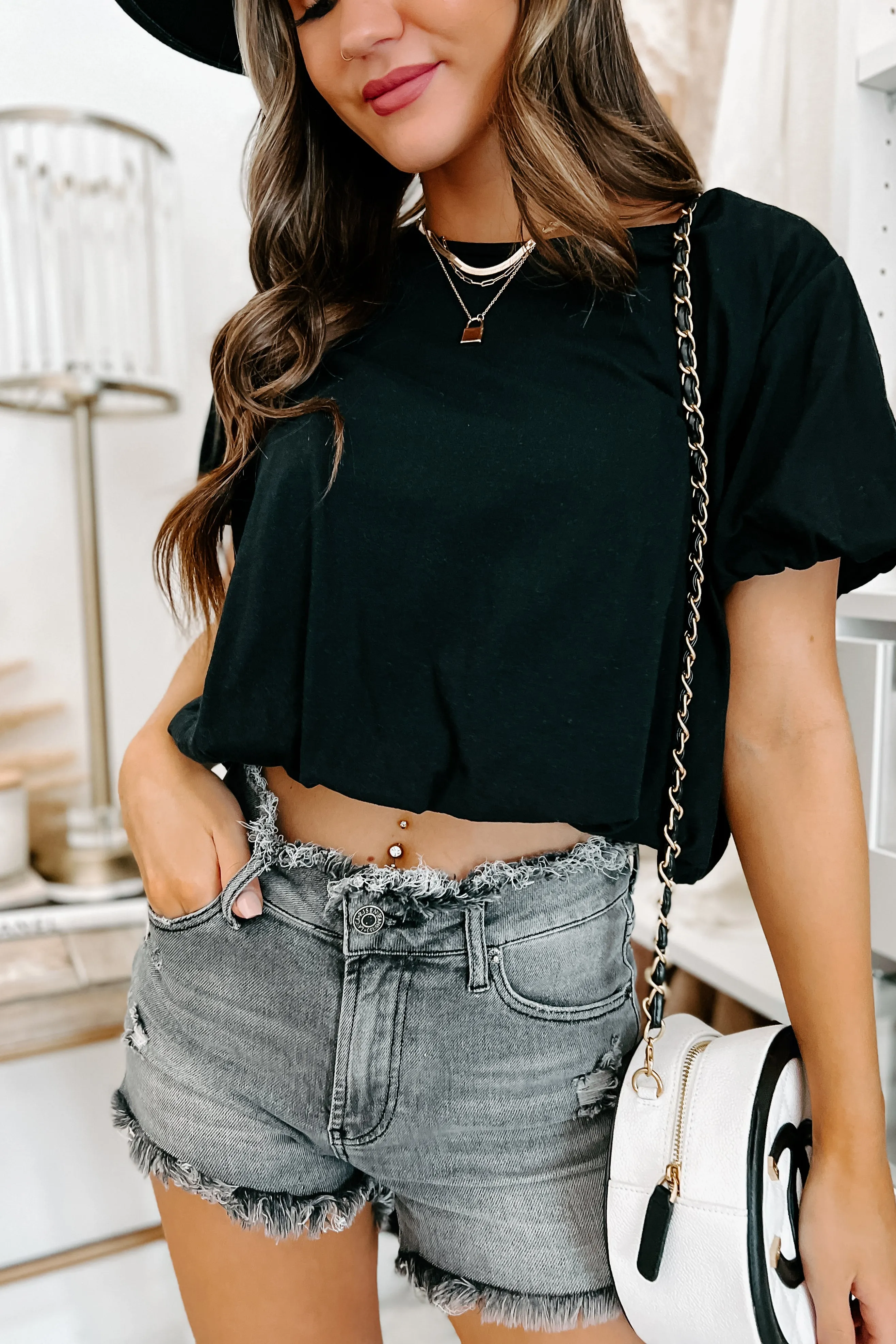 Talulah Short Sleeve Bubble Crop Top (Black)