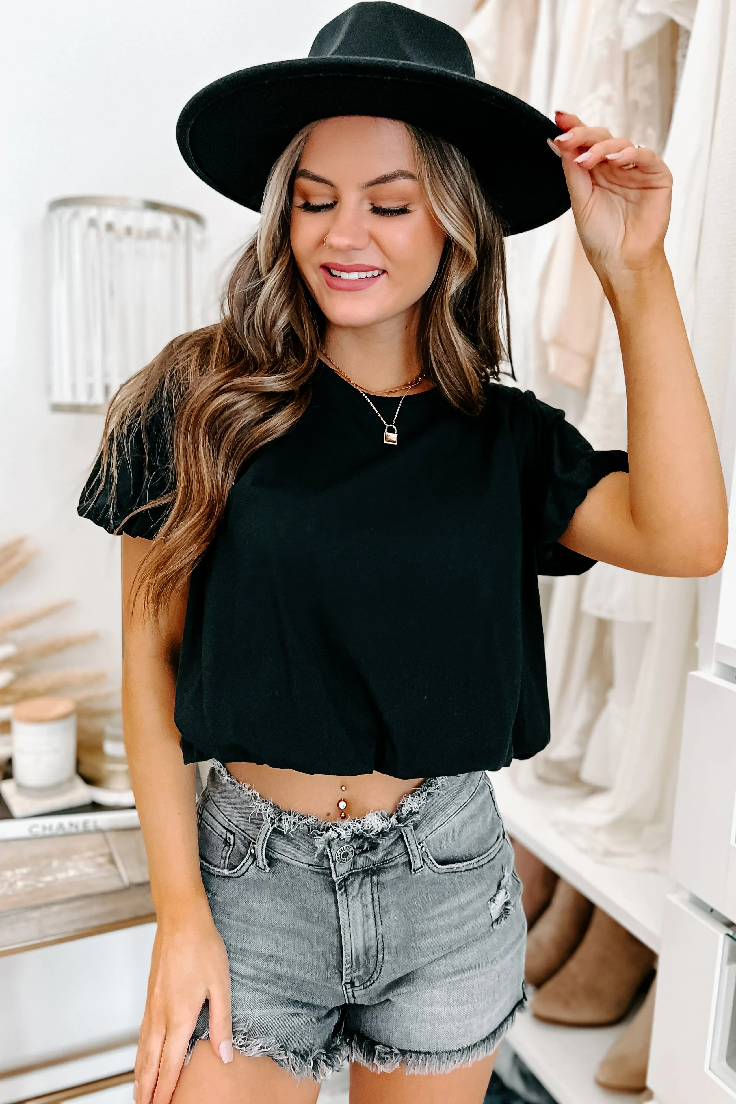 Talulah Short Sleeve Bubble Crop Top (Black)