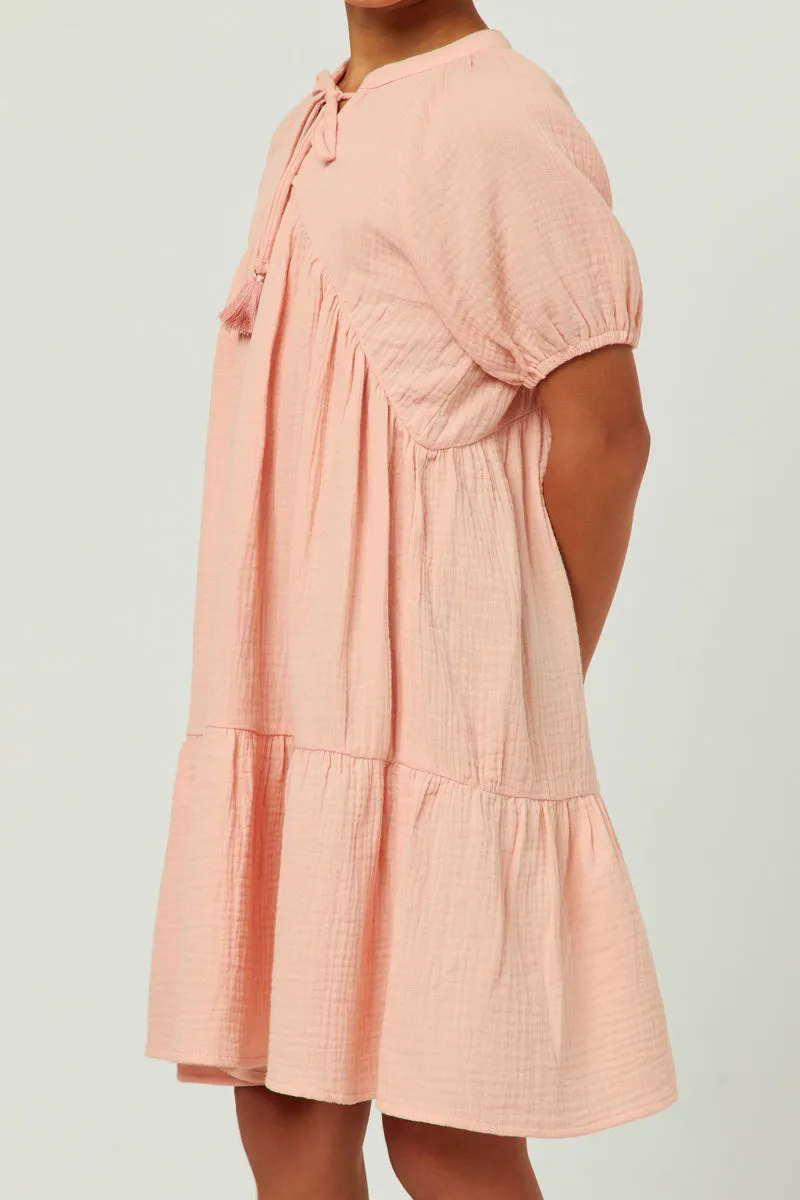 Tasseled Tie Textured Tiered Dress