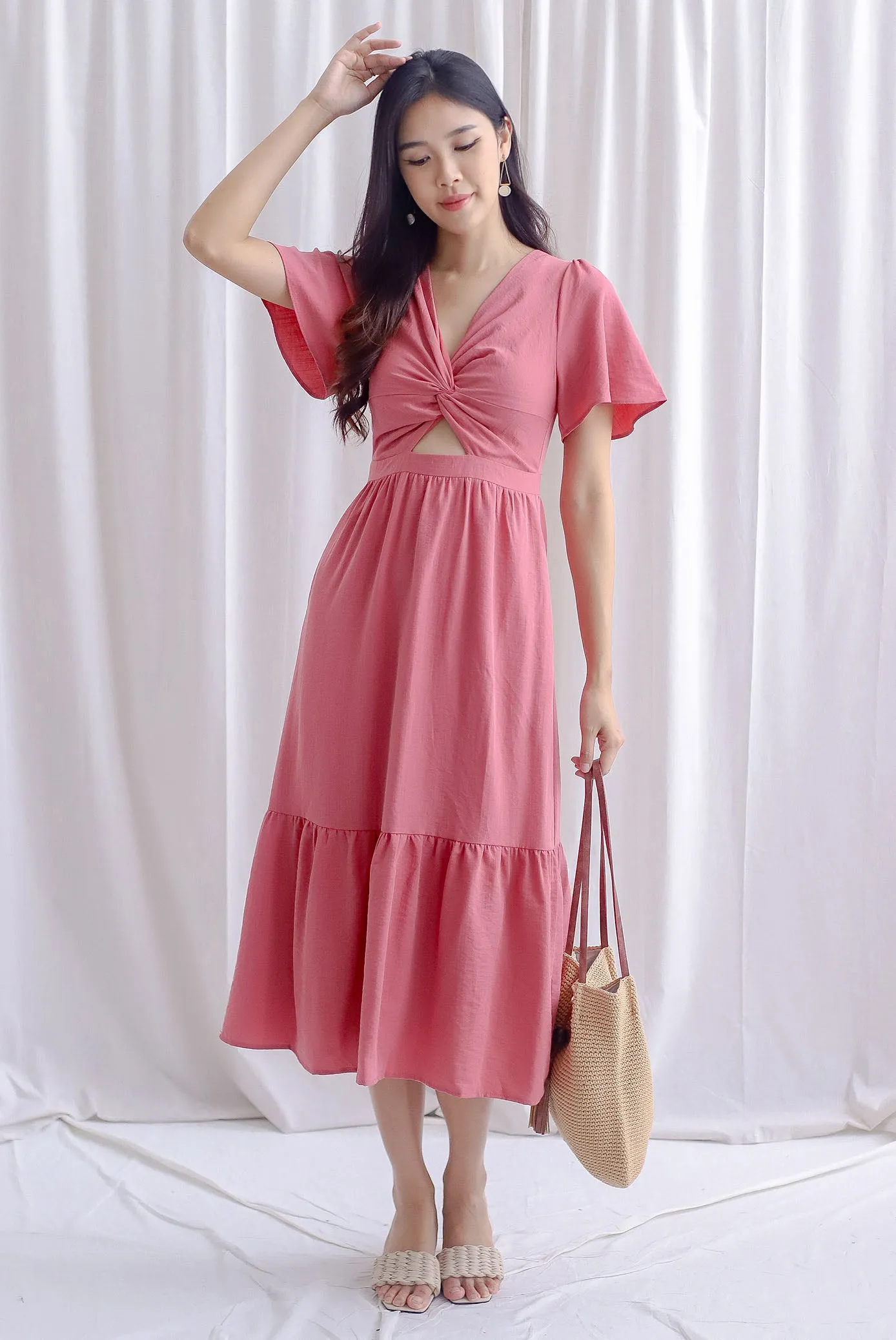 Teresa Flutter Sleeve Twist Knot Maxi Dress In Tea Rose