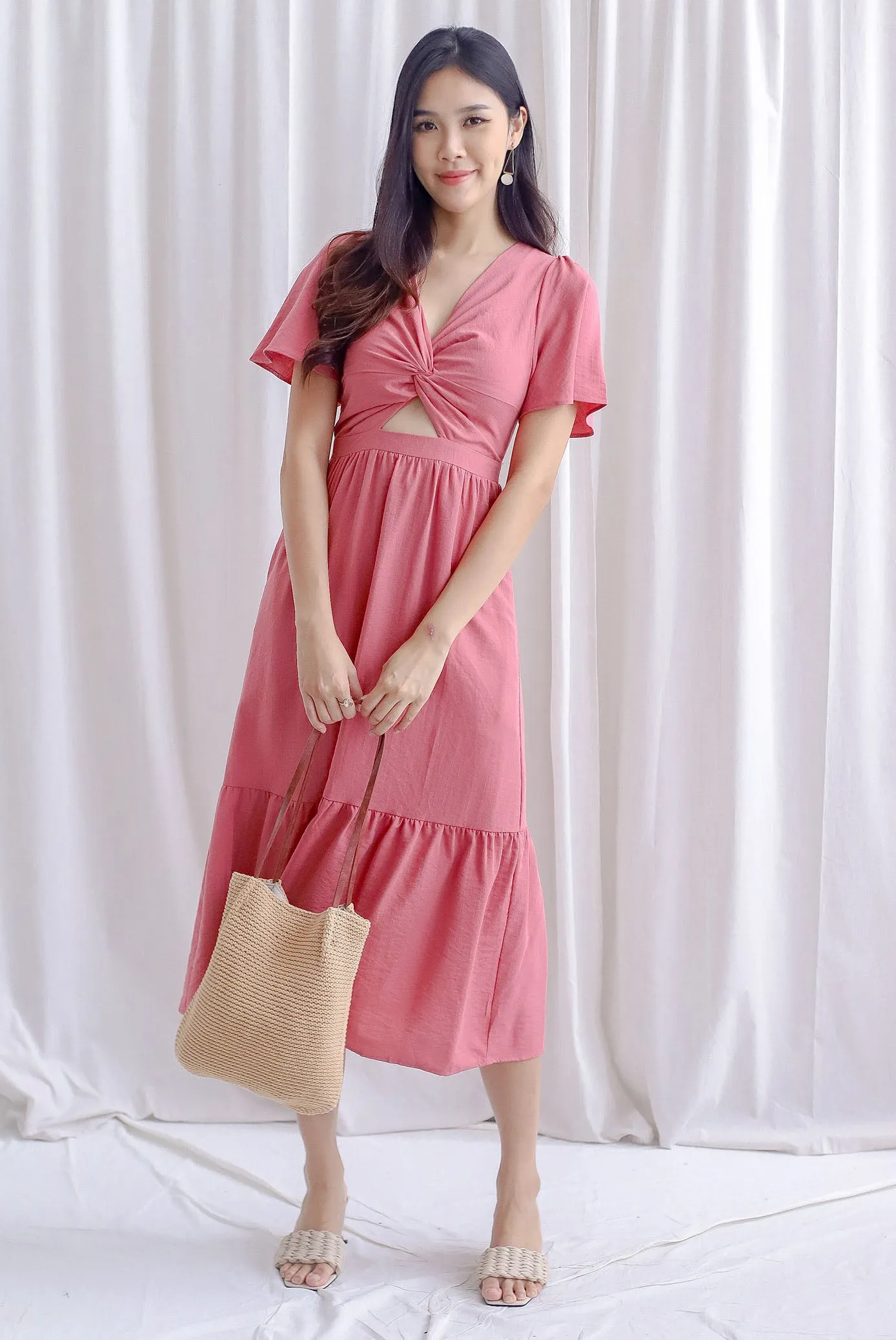 Teresa Flutter Sleeve Twist Knot Maxi Dress In Tea Rose
