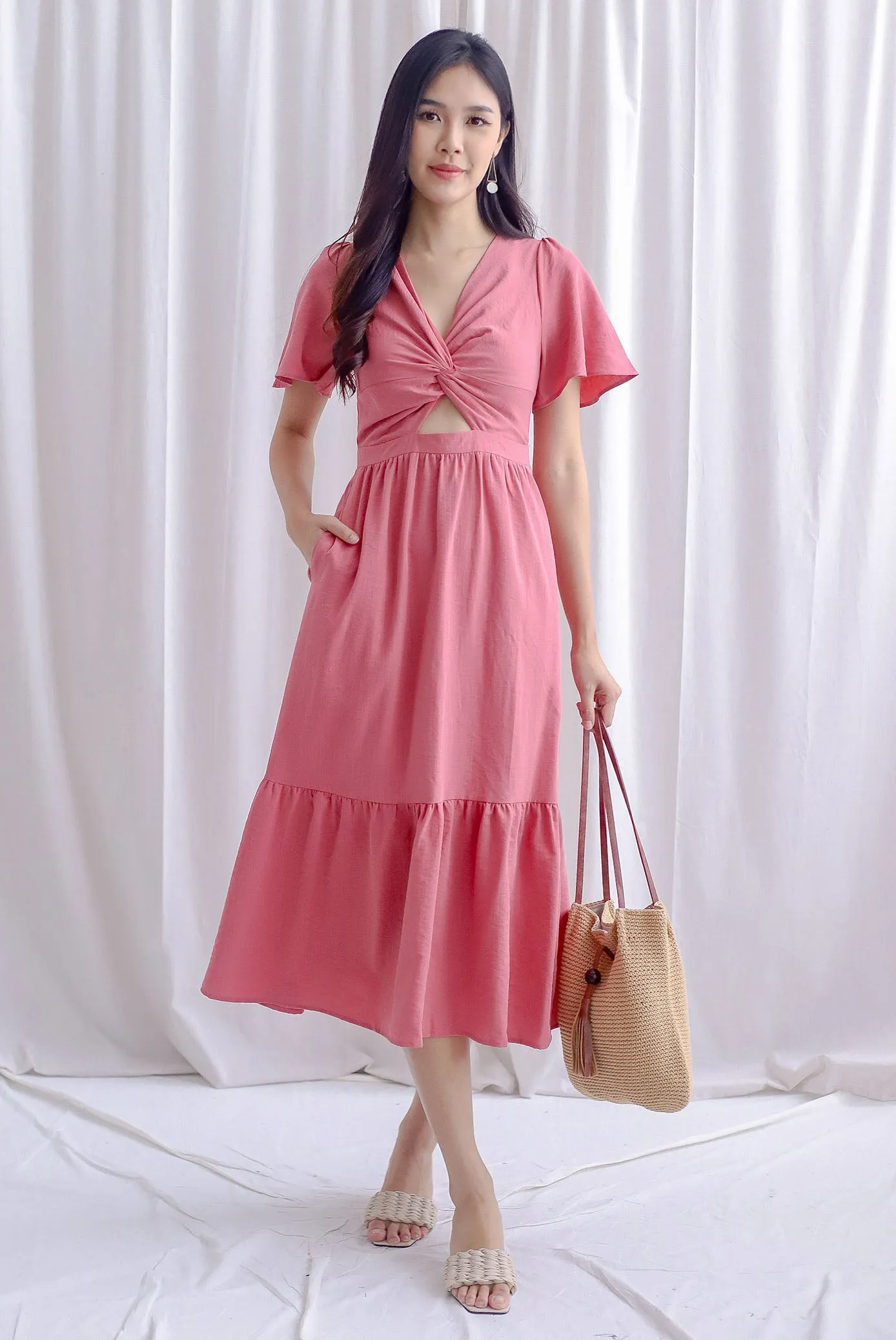 Teresa Flutter Sleeve Twist Knot Maxi Dress In Tea Rose